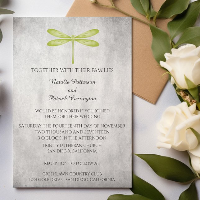 Faire-part de mariage de libellules vertes (Green Dragonfly Wedding Invitation)