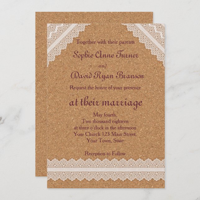 Faire-part de mariage de liège à vin en dentelle v (Devant / Derrière)