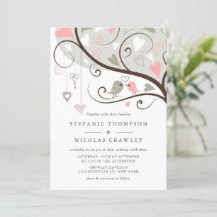 Faire-part de mariage de Lovebirds rose et gris