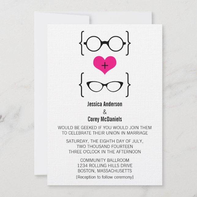 Faire-part de mariage de lunettes geek roses (Devant)