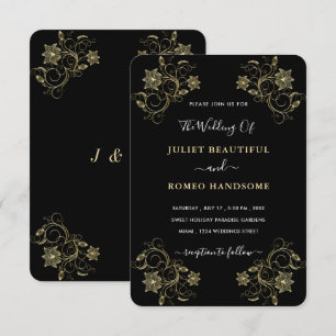Faire-part de mariage de luxe Gold Black avec fleu