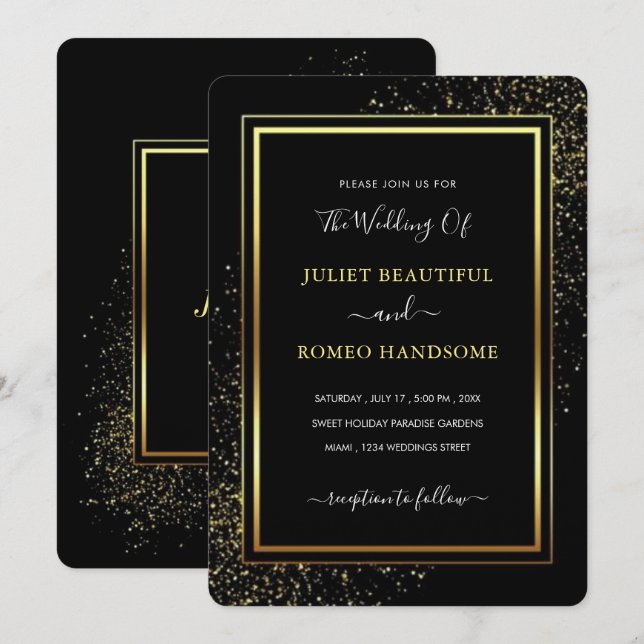 Faire-part de mariage de luxe Golden Frame Black G (Devant / Derrière)