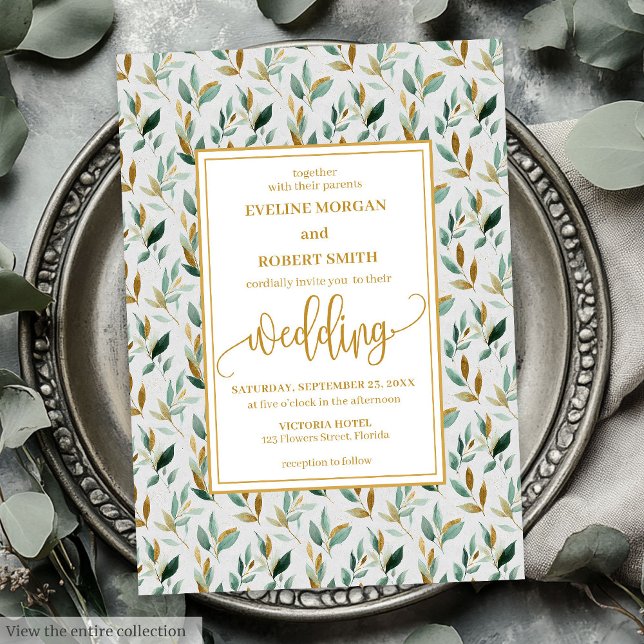 Faire-part de mariage de luxe Hunter Green Gold Fe (Luxury Hunter Green Gold Leaves Wedding Invitation)