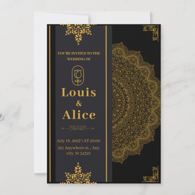 Faire-part de mariage De Luxe Noir Et Or (Devant)