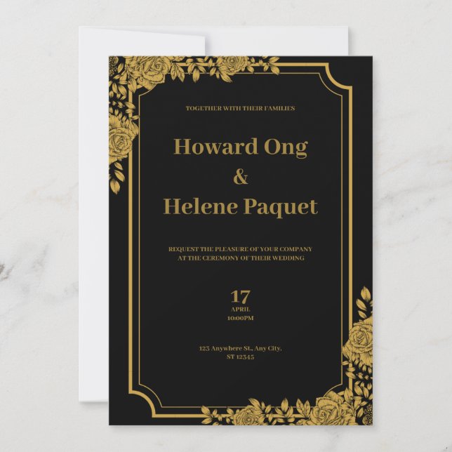 Faire-part de mariage de luxe noir et or (Devant)