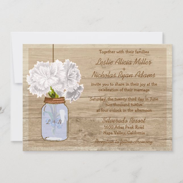 Faire-part de mariage de Mason Jar en bois rustiqu (Devant)