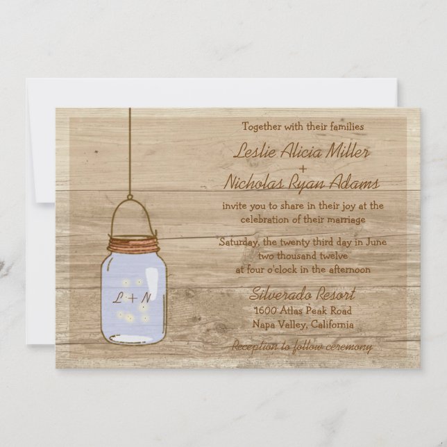 Faire-part de mariage de Mason Jar en bois rustiqu (Devant)