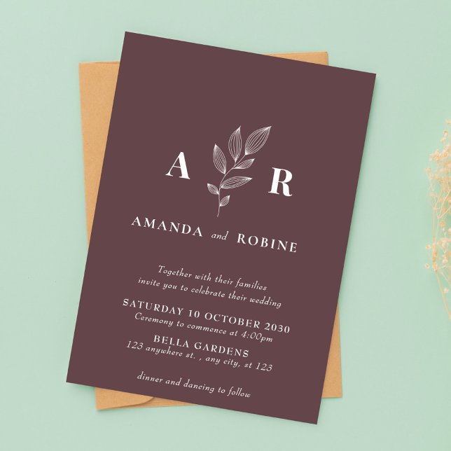 Faire-part de mariage de monogramme à feuilles min (Créateur téléchargé)