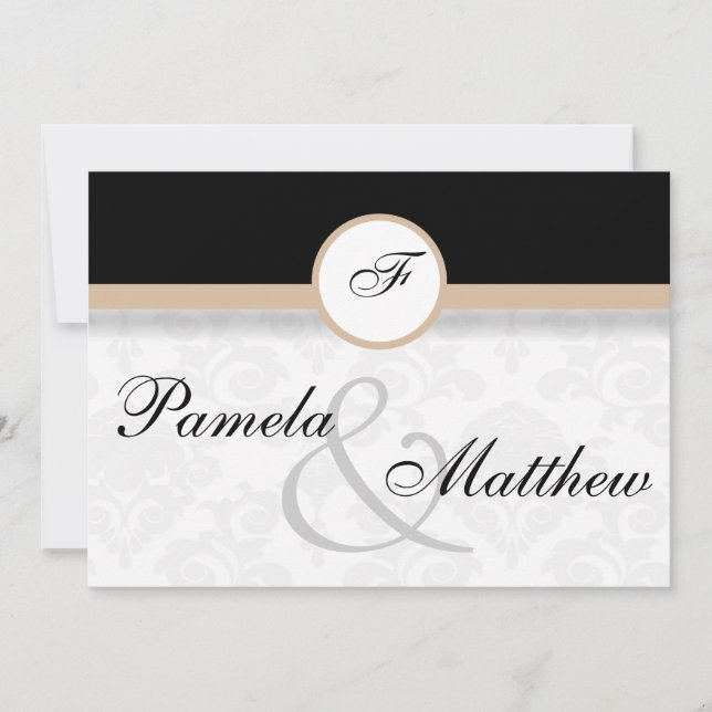 Faire-part de mariage de monogramme beige Damas (Devant)