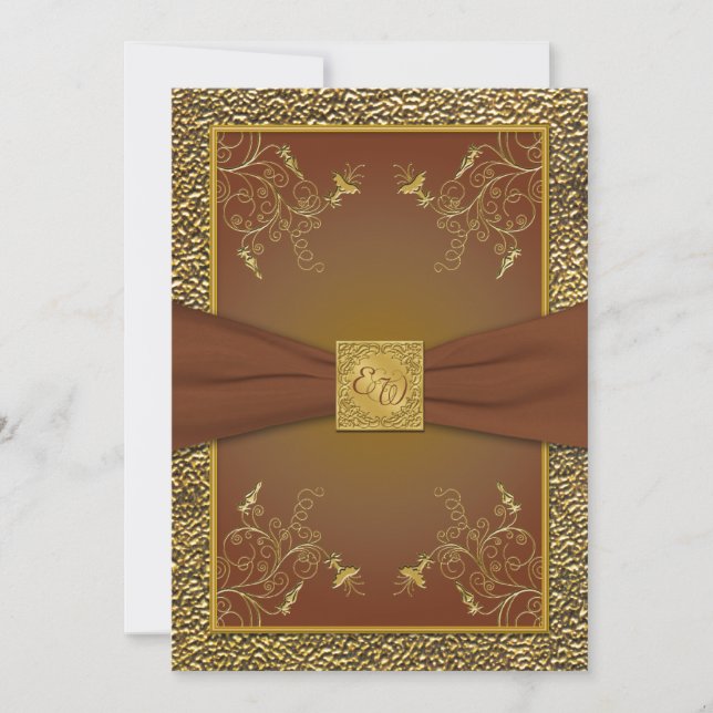 Faire-part de mariage de monogramme Brown et d'or (Devant)