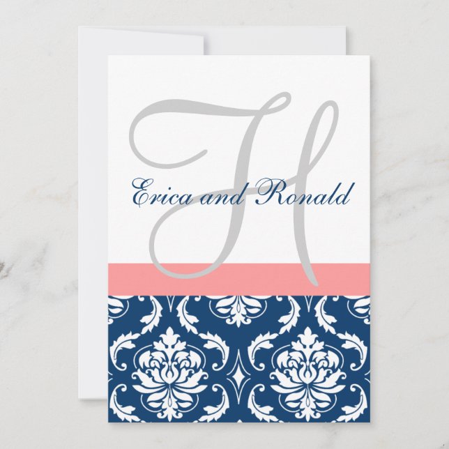 Faire-part de mariage de monogramme de corail Dama (Devant)