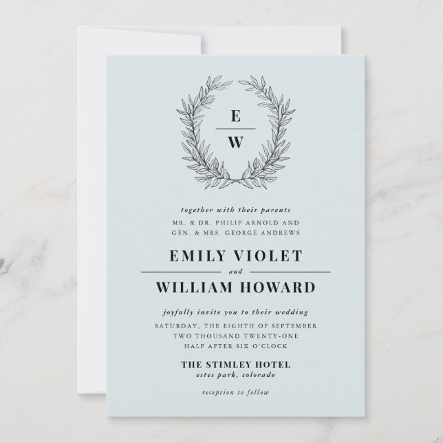 Faire-part de mariage de monogramme de couronne bl (Devant)