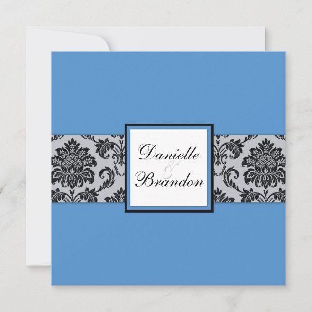 Faire-part de mariage de monogramme de Damas bleus (Devant)