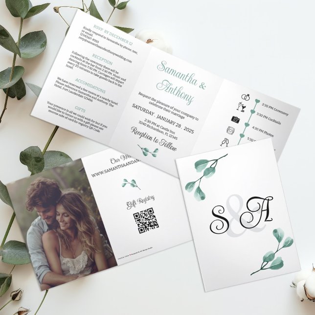 Faire-part de mariage de monogramme d'eucalyptus d (Créateur téléchargé)