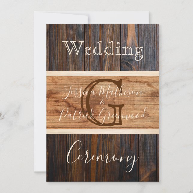 Faire-part de mariage de monogramme en bois rustiq (Devant)