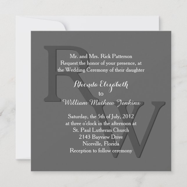 Faire-part de mariage de monogramme moderne gris (Devant)