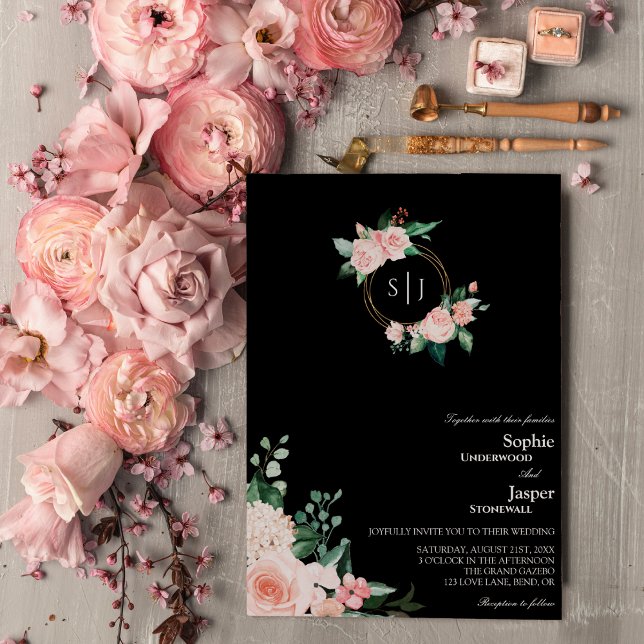 Faire-part de mariage de monogramme noir flou (Créateur téléchargé)