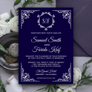 Faire-part de mariage de monogramme orange bleu mi