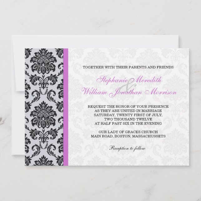 Faire-part de mariage de monogramme pourpre damass (Devant)