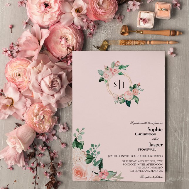 Faire-part de mariage de monogramme rose flou (Créateur téléchargé)