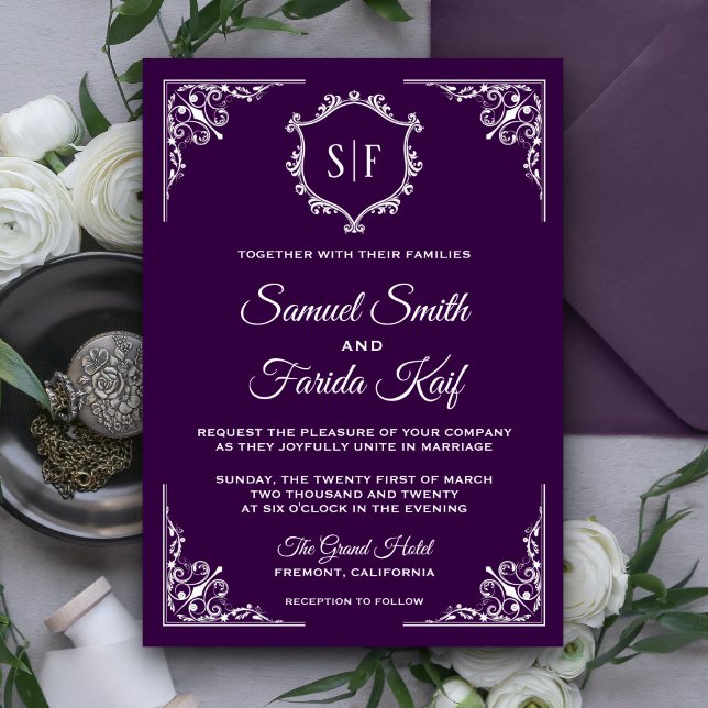Faire-part de mariage de monogramme royal violet (Créateur téléchargé)