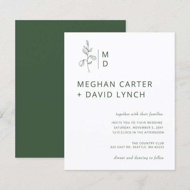 Faire-part de mariage de monogramme végétal vert d (Devant / Derrière)