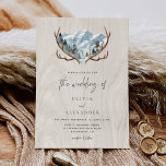 Faire-part de mariage de montagne Rustique Bois An<br><div class="desc">Cet élégant faire-part de mariage boho rustique unique aux bois de bois présente une scène de montagne aquarelle encadrée par des bois de cerfs, avec un arrière - plan en bois clair. Veuillez me contacter par Zazzle Conversation si vous avez besoin de modifications de conception, de produits plus assortis, ou...</div>