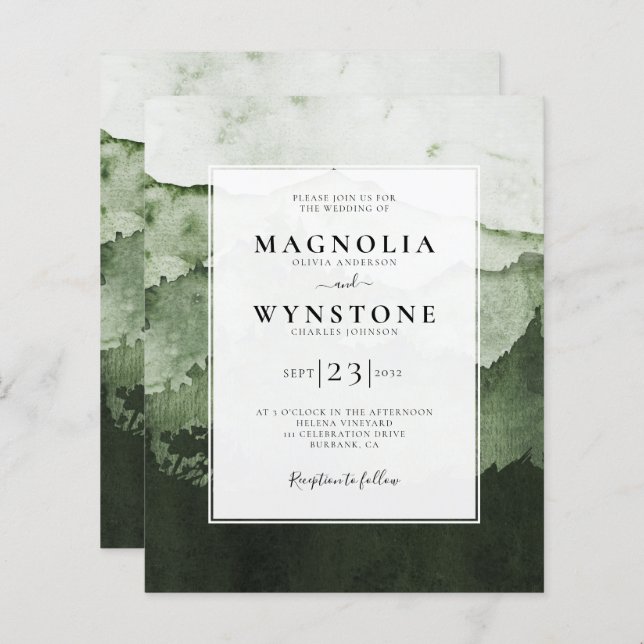 Faire-part de mariage de monts d'aquarelle budgéta (Devant / Derrière)