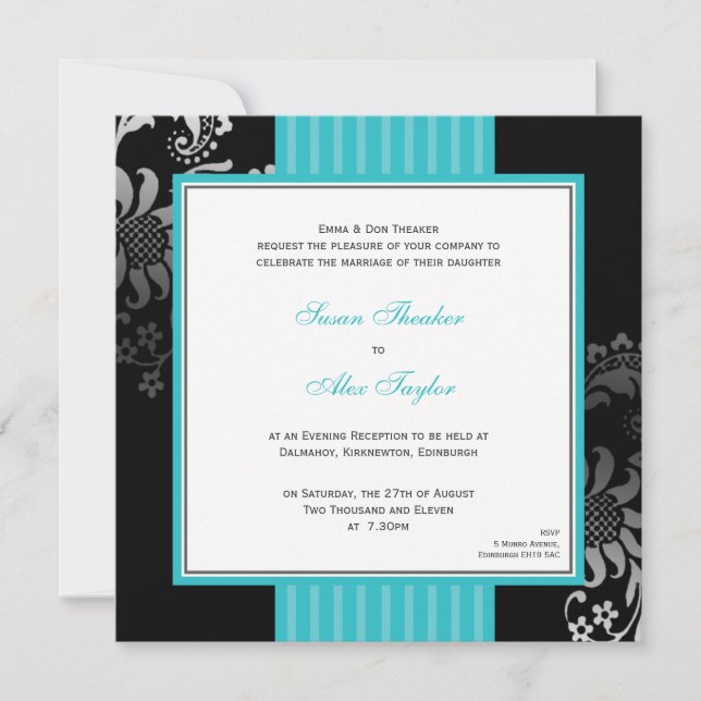 Faire-part de mariage de Motif Turquoise et noir (Devant)