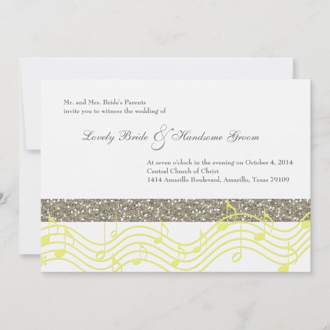 Faire-part de mariage de musique gris jaune argent (Devant)