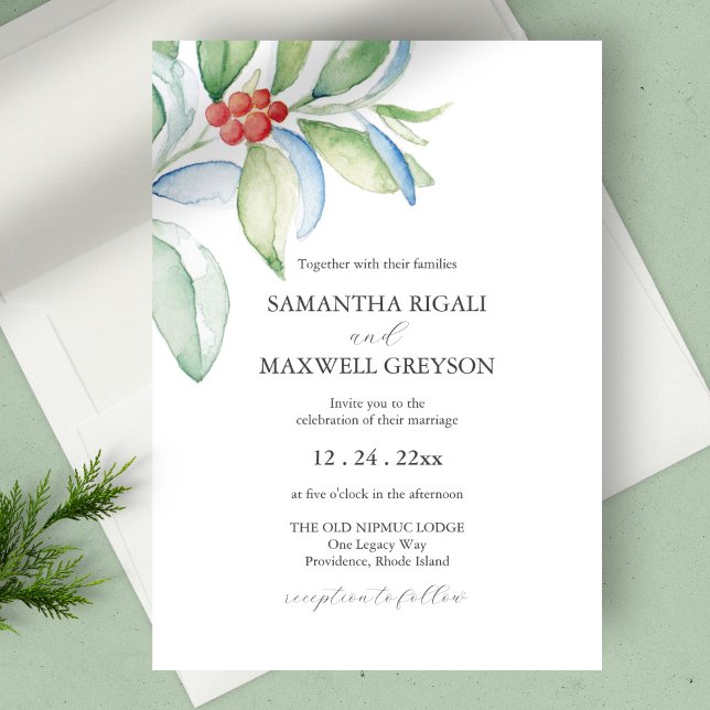 Faire-part de mariage de Noël à l'aquarelle avec f (Christmas wedding invitation botanical berries unique watercolor art by Victoria Grigaliunas)