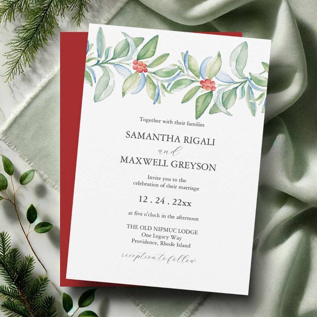 Faire-part de mariage de Noël Aquarelle Verdure (Watercolor wedding invitations featuring hand painted winter botanical art by Victoria Grigaliunas)