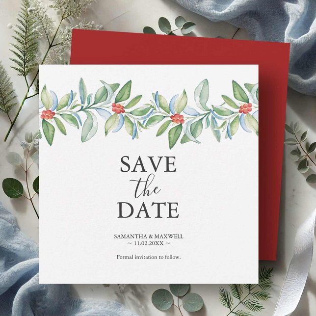 Faire-part de mariage de Noël pour annoncer la dat (Christmas wedding save the date invitation card features watercolor art by Victoria Grigaliunas)