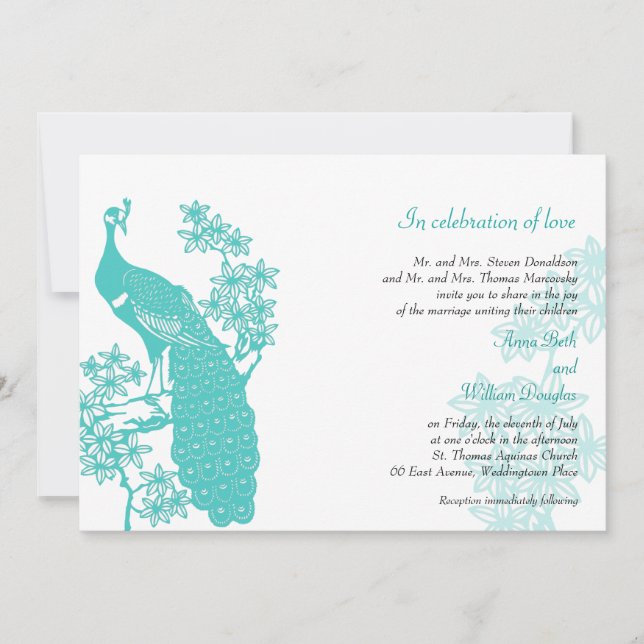 Faire-part de mariage de paon (Devant)