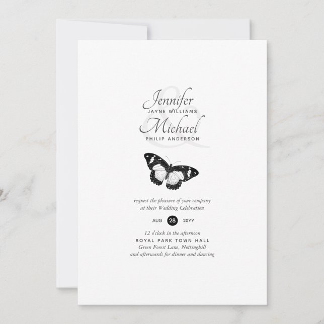 Faire-part de mariage de papillon blanc noir moder (Devant)