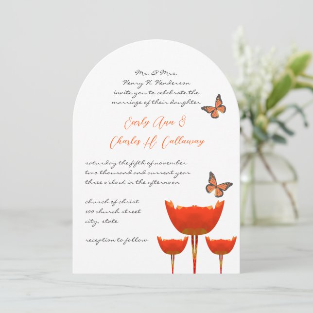Faire-part de mariage de papillons Aqua Orange Pop (Debout devant)