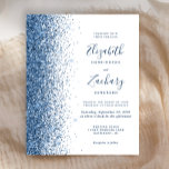 Faire-part de mariage de Parties scintillant Budge<br><div class="desc">Le bord gauche de cette élégante faire-part de mariage moderne est orné d'une bordure de parties scintillant en faux bleu. Le texte personnalisable associe écriture bleue,  copperplate et polices italiques sur un arrière - plan blanc. L'envers présente une parties scintillant bleue assortie.</div>