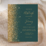Faire-part de mariage de Parties scintillant en or<br><div class="desc">Le bord gauche de cette élégante faire-part de mariage moderne est orné d'une bordure de parties scintillant en faux or. Le texte personnalisable combine écriture manuscrite couleur or,  cuivre et polices italiques sur un arrière - plan vert foncé. L'envers est assorti d'une parties scintillant vert foncé et dorée.</div>
