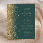 Faire-part de mariage de Parties scintillant en or<br><div class="desc">Le bord gauche de cette élégante faire-part de mariage moderne est orné d'une bordure de parties scintillant en faux or. Le texte personnalisable combine écriture manuscrite couleur or,  cuivre et polices italiques sur un arrière - plan vert foncé. L'envers est assorti d'une parties scintillant vert foncé et dorée.</div>