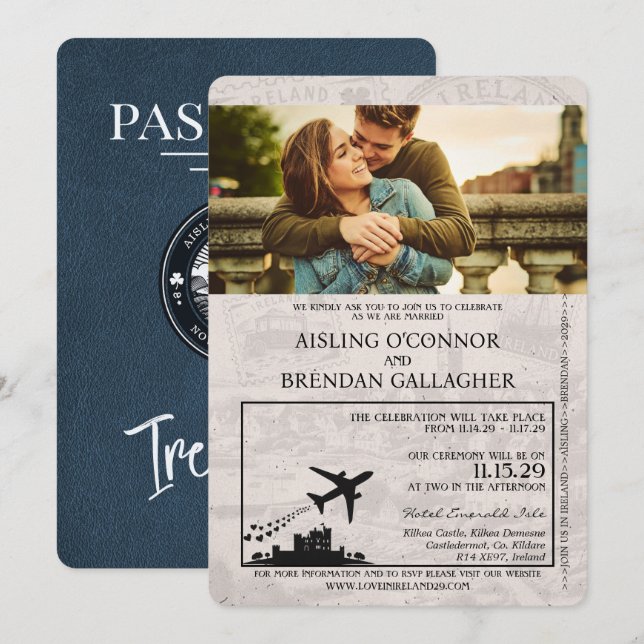 Faire-part de mariage de passeport bleu de la Mari (Devant / Derrière)