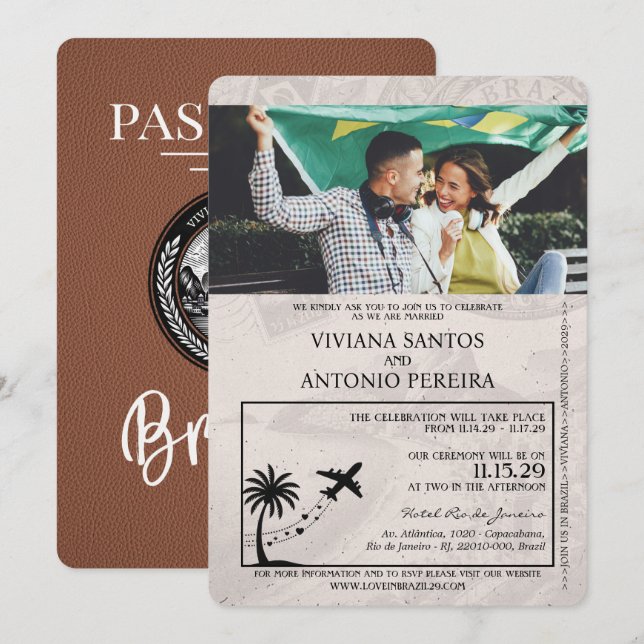 Faire-part de mariage de passeport Brown Brésil (Devant / Derrière)