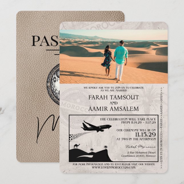 Faire-part de mariage de passeport du Maroc beige (Devant / Derrière)
