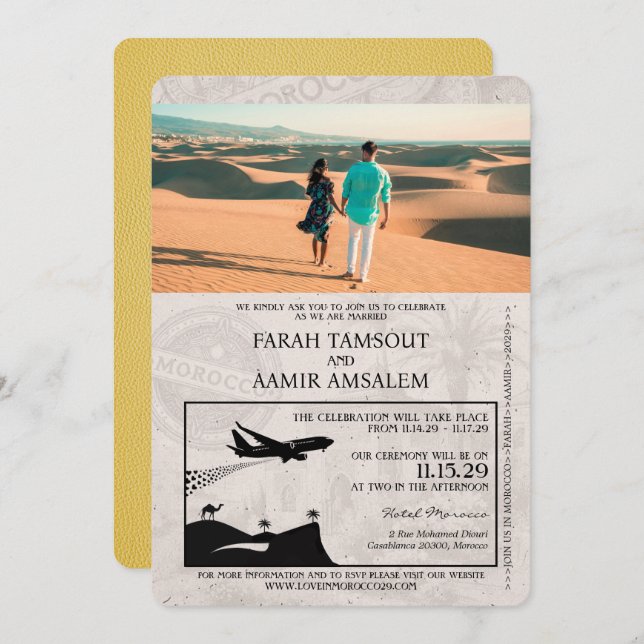 Faire-part de mariage de passeport du Maroc jaune (Devant / Derrière)