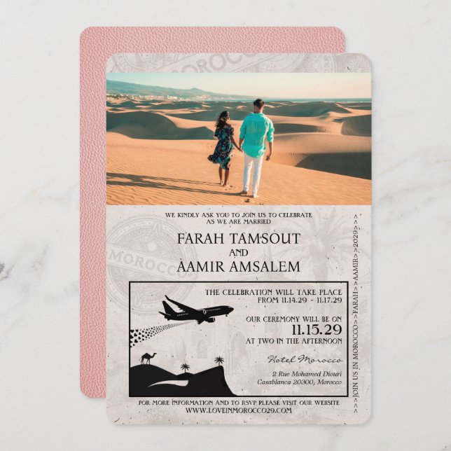 Faire-part de mariage de passeport du Maroc rose (Devant / Derrière)