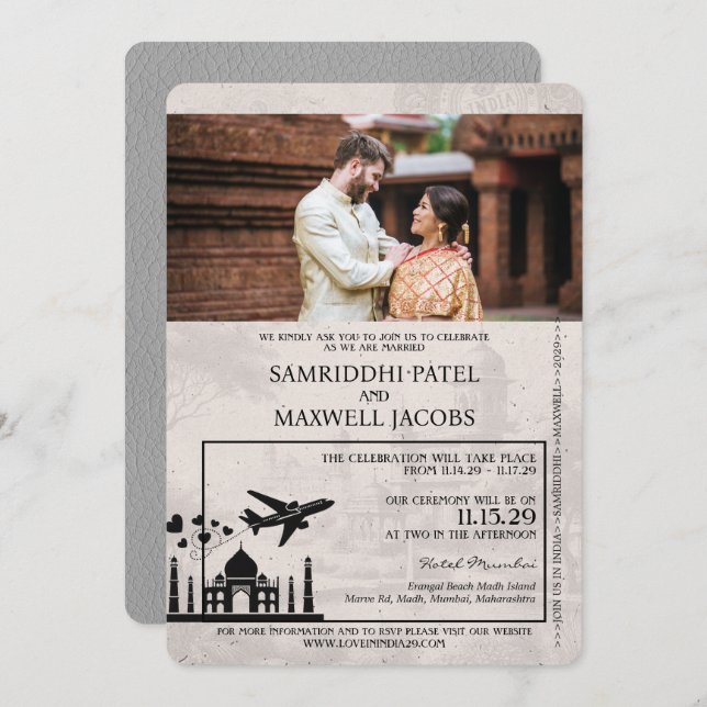 Faire-part de mariage de passeport gris Inde (Devant / Derrière)