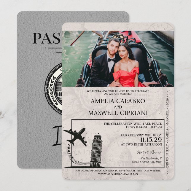 Faire-part de mariage de passeport gris Italie (Devant / Derrière)