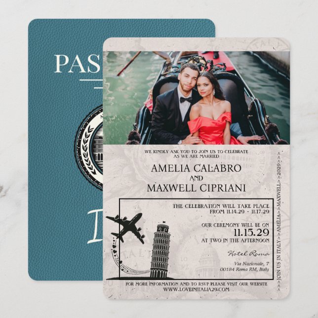 Faire-part de mariage de passeport Italie turquois (Devant / Derrière)