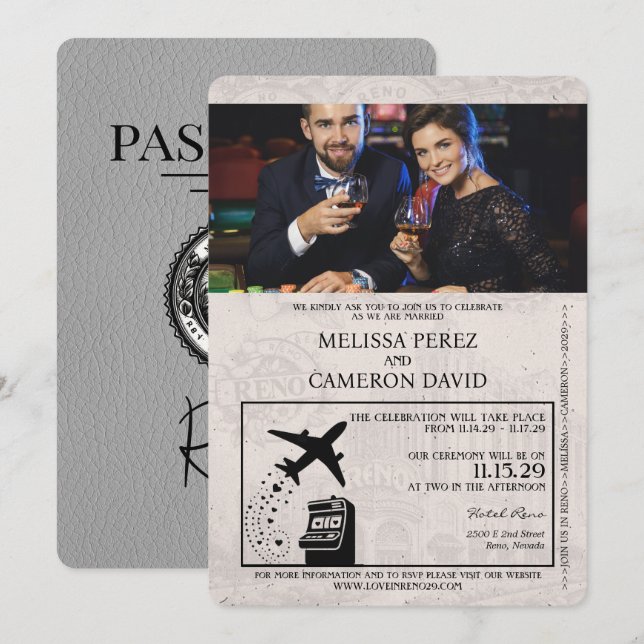 Faire-part de mariage de passeport Reno gris (Devant / Derrière)