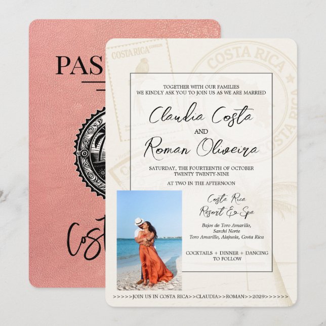 Faire-part de mariage de passeport rose Gold Costa (Devant / Derrière)