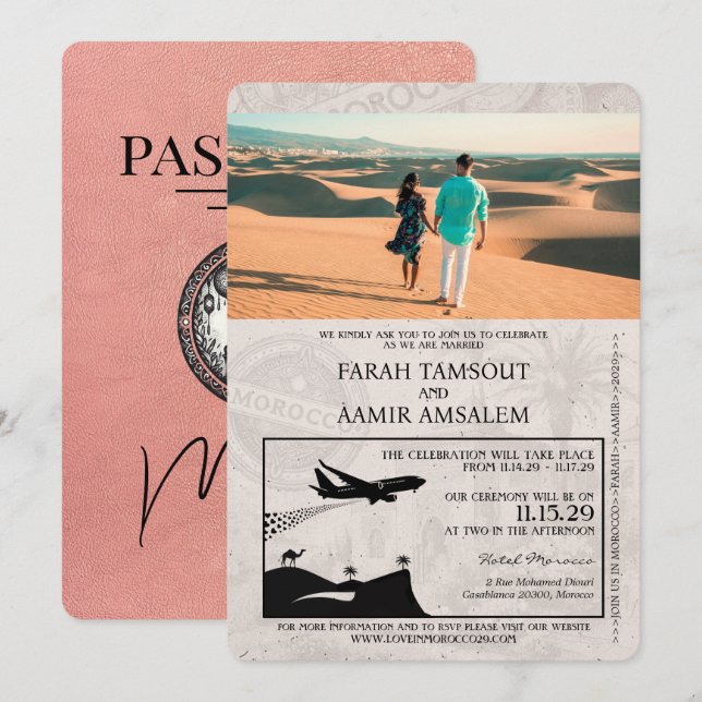 Faire-part de mariage de passeport rose Gold Maroc (Devant / Derrière)